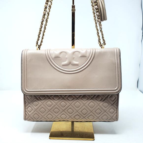 Tory Burch Fleming Convertible Medium Shoulder Bag Quilted Leather Beige Heron - Picture 3 of 14